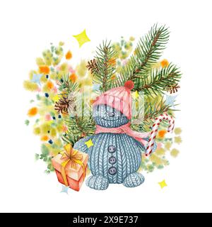Weihnachtlicher gestrickter Schneemann. Aquarellabbildung. Lustiger Schneemann mit rotem Hut, gestrickt mit einem Geschenk. Für Aufkleber, Karten, Poster usw. Stockfoto