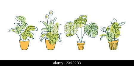 Stell exotische Pflanzen in einen Topf. Ficus, Syngonium, Monstera, Spathiphyllum. Häusliche Blumenzucht, Hauspflanzen, Hobby. Botanical Outline Illustrationen in der Hand Stock Vektor