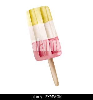 Süße Eiscreme Lolly mit Erdbeere, Vanille, Himbeere auf einem Stock. Handmalerei Frucht Popsicle Aquarellillustration isoliert auf Hintergrund. Für Stockfoto