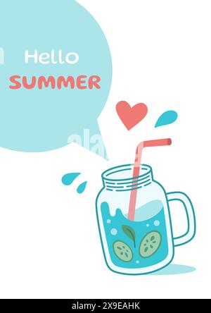 Glasgefäß mit Trinkstroh, Text Hello Summer in Speech Bubble Postcard. Sommerkarte. Vektor-Zeichentrick-Illustration Stock Vektor
