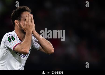 Athen, Griechenland. 29. Mai 2024. Giacomo Bonaventura von ACF Fiorentina sieht während des Endspiels der UEFA Conference League zwischen Olympiacos FC und ACF Fiorentina niedergeschlagen aus. Quelle: Nicolò Campo/Alamy Live News Stockfoto