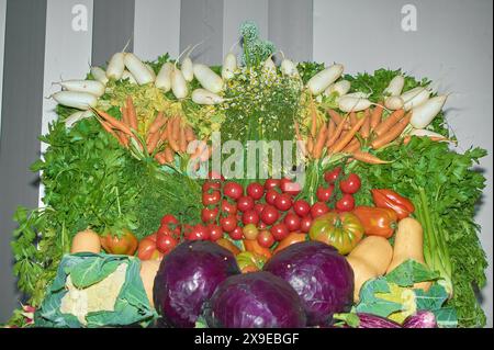 Dieses Bild zeigt eine bunte Sammlung von Bio-Produkten, einschließlich Auberginen, Radieschen, Kartoffeln und frischem Obst wie Erdbeeren und Aprikosen. Stockfoto