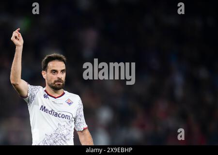 Athen, Griechenland. 29. Mai 2024. Giacomo Bonaventura von ACF Fiorentina gibt Gesten während des Endspiels der UEFA Conference League zwischen Olympiacos FC und ACF Fiorentina. Quelle: Nicolò Campo/Alamy Live News Stockfoto