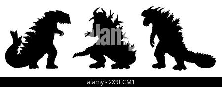 Schwarze Silhouette eines riesigen Dinosaurier-ähnlichen Monsters. Kaiju-Konturzeichnung. Stockfoto