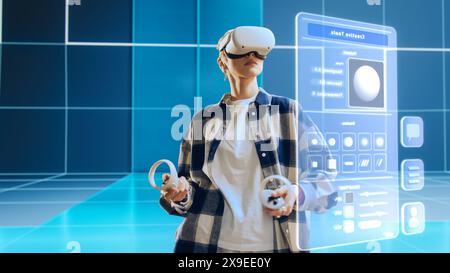 Kreative Frauen, die zu Hause ein Virtual Reality-Headset tragen. Sie betritt einen leeren Digital Internet Studio Space für Designer. Immersive Social-Media-Software für Kunst und neue Projekte. Stockfoto