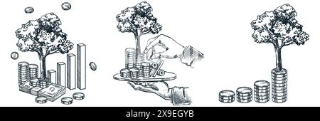 Satz handgezeichneter Investitionsabbildungen. Investieren, Geld sparen und Wachstum finanzieren. Menschliche Hand hält Tablett mit Baumzucht Stock Vektor