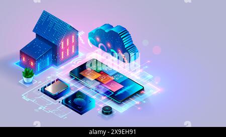Das Telefon steuert Smart Home über das Internet. Internet der Dinge oder IoT-Technologie für die Heimautomatisierung. Isometrisches Konzept des Smart Home Systems. Symbole Smart devi Stock Vektor
