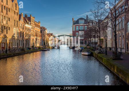 Oude Rijn im Zentrum von Leiden mit der Kerkbrug tagsüber an einem sonnigen Herbsttag Stockfoto