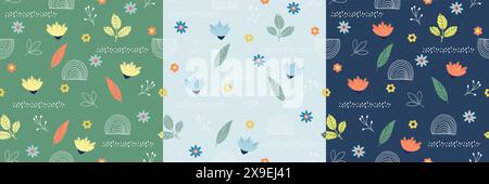 Farbenfrohes und farbenfrohes, nahtloses Musterset mit Frühlingselementen. Blätter und Blumen auf blauem Hintergrund. Vektor-Illustration mit Blumenfeder. Endloser Vektor Stock Vektor