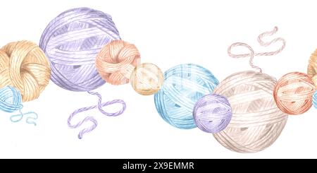 Garnknäuel aus Wolle oder Baumwolle. Nahtloser Rand für Hobbystrick. Handgezeichnete Aquarellillustration. Hintergrund des Nadelbootes. Rahmen für Blog, Stockfoto