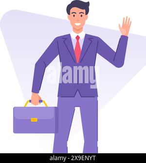 Cartoon Geschäftsmann mit Aktenkoffer schwenkende Handfahne Design Vorlage Vektor flache Illustration. Lächelnder Geschäftsmann, Manager und Charakter sind freundlich Stock Vektor