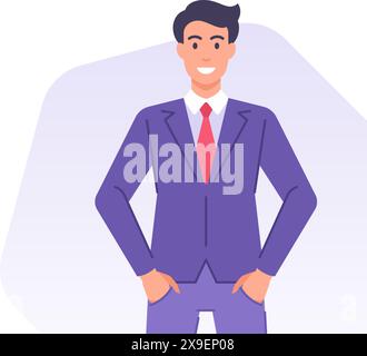 Lächelnder Comic-Geschäftsmann, der mit Händen in der Tasche Banner Design Vorlage Vektor flache Illustration steht. Geschäftsmann in Anzug Krawattenchef Angestelltenleiter Stock Vektor