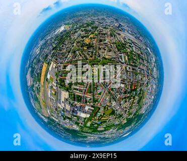 Luftbild, Wohngebiet Nordmarkt Platz grüne Lunge mit Bäumen und Gartenanlagen, Baumallee Lortzingstraße, Schleswiger Straße und Mallinckrodtstraße, Erdkugel, Fisheye Aufnahme, Fischaugen Aufnahme, 360 Grad Aufnahme, winzige Welt, kleiner Planet, Fischaugenbild, Dorstfelder Brücke, Dortmund, Ruhrgebiet, Nordrhein-Westfalen, Deutschland ACHTUNGxMINDESTHONORARx60xEURO *** Luftaufnahme, Wohngebiet Nordmarkt Platz grüne Lunge mit Bäumen und Gärten, Baumallee Lortzingstraße, Schleswiger Straße und Mallinckrodtstraße, Erdkugel, Fischaugenbild, Fischaugenbild, 360°-Bild, winzige Welt, kleine p Stockfoto