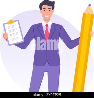 Zeichentrickfilm Geschäftsmann Zeitmanagement Produktivität Effizienz Banner Design Vorlage Vektor flache Illustration. Winziger Geschäftsmann mit Bleistift und zu tun Stock Vektor