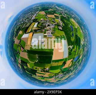 Luftbild, Erdbeerfelder mit Schutzabdeckung, Erdbeeranbau unter Folie, Bönninghauser Straße, Wiesen und Felder in Lanstrop, Erdkugel, Fisheye Aufnahme, Fischaugen Aufnahme, 360 Grad Aufnahme, Tiny World, Little Planet, Fisheye Bild, Hostedde, Dortmund, Ruhrgebiet, Nordrhein-Westfalen, Deutschland ACHTUNGxMINDESTHONORARx60xEURO *** Luftaufnahme, Erdbeerfelder mit Schutzabdeckung, Erdbeeranbau unter Folie, Bönninghauser Straße, Wiesen und Felder in Lanstrop, Erdkugel, Fischaugenbild, Fischaugenbild, 360°-Bild, winzige Welt, kleiner Planet, Fischaugenbild, Hostedde, Dortmund, R Stockfoto