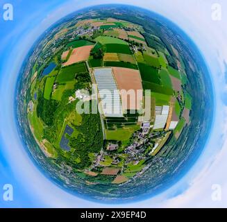 Luftbild, Erdbeerfelder mit Schutzabdeckung, Erdbeeranbau unter Folie, Bönninghauser Straße, Wiesen und Felder in Lanstrop, Erdkugel, Fisheye Aufnahme, Fischaugen Aufnahme, 360 Grad Aufnahme, Tiny World, Little Planet, Fisheye Bild, Hostedde, Dortmund, Ruhrgebiet, Nordrhein-Westfalen, Deutschland ACHTUNGxMINDESTHONORARx60xEURO *** Luftaufnahme, Erdbeerfelder mit Schutzabdeckung, Erdbeeranbau unter Folie, Bönninghauser Straße, Wiesen und Felder in Lanstrop, Erdkugel, Fischaugenbild, Fischaugenbild, 360°-Bild, winzige Welt, kleiner Planet, Fischaugenbild, Hostedde, Dortmund, R Stockfoto