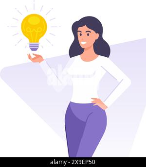 Cartoon Geschäftsfrau Glühbirne Innovation Idee schnelle Tipps Banner Design Vorlage Vektor flache Illustration. Lächelnde weibliche Charaktere kreatives Gehirn Stock Vektor