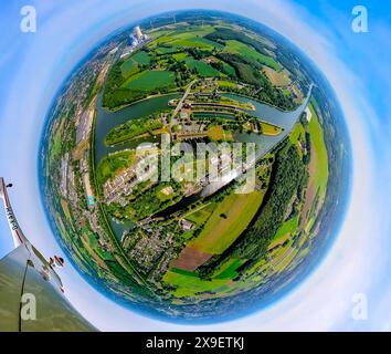 Luftbild, LWL-Museum Schiffshebewerk Henrichenburg, Schleusenpark Waltrop, Dortmund-Ems-Kanal und Rhein-Herne-Kanal, oben das Kraftwerk Datteln 4, Erdkugel, Fisheye Aufnahme, Fischaugen Aufnahme, 360 Grad Aufnahme, winzige Welt, kleiner Planet, Fisheye Bild, Meckinghoven, Datteln, Ruhrgebiet, Nordrhein-Westfalen, Deutschland ACHTUNGxMINDESTHONORARx60xEURO *** Luftaufnahme, LWL Museum Henrichenburg Bootslift, Waltrop Schleusenpark, Dortmund Ems Kanal und Rhein Herne Kanal, oberhalb des Kraftwerks Datteln 4, Globus, Fischaugenbild, 360 Grad Bild, winzige Welt, kleiner Planet, Fischaugenbild, Meckinghoven, Stockfoto