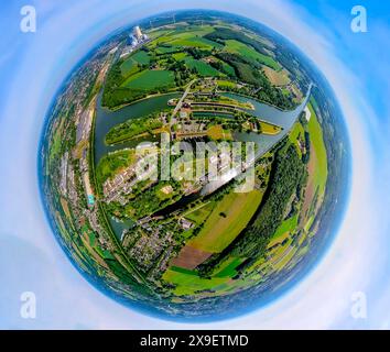 Luftbild, LWL-Museum Schiffshebewerk Henrichenburg, Schleusenpark Waltrop, Dortmund-Ems-Kanal und Rhein-Herne-Kanal, oben das Kraftwerk Datteln 4, Erdkugel, Fisheye Aufnahme, Fischaugen Aufnahme, 360 Grad Aufnahme, winzige Welt, kleiner Planet, Fisheye Bild, Meckinghoven, Datteln, Ruhrgebiet, Nordrhein-Westfalen, Deutschland ACHTUNGxMINDESTHONORARx60xEURO *** Luftaufnahme, LWL Museum Henrichenburg Bootslift, Waltrop Schleusenpark, Dortmund Ems Kanal und Rhein Herne Kanal, oberhalb des Kraftwerks Datteln 4, Globus, Fischaugenbild, 360 Grad Bild, winzige Welt, kleiner Planet, Fischaugenbild, Meckinghoven, Stockfoto