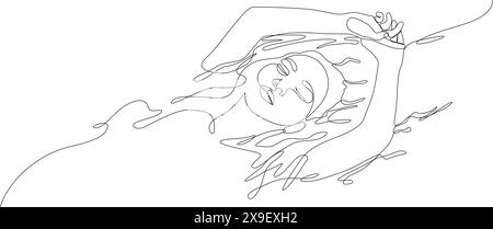 Frau schwimmt im Wasser, nimmt ein Spa-Bad durchgehend eine Linie. Konzept der Schönheitsbehandlungen, Selbstpflege, Sinnesentzug. Vektorillustratio Stock Vektor