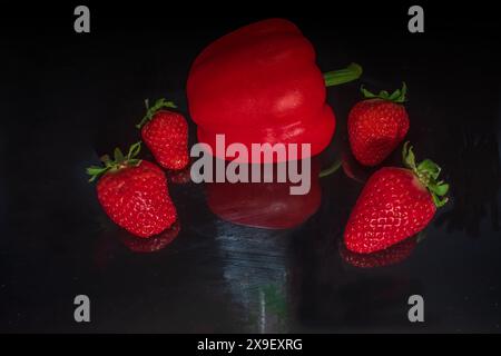 Bitter Sweet - Ein Stillleben aus rotem Pfeffer und roten Erdbeeren auf schwarzer reflektierender Oberfläche Stockfoto