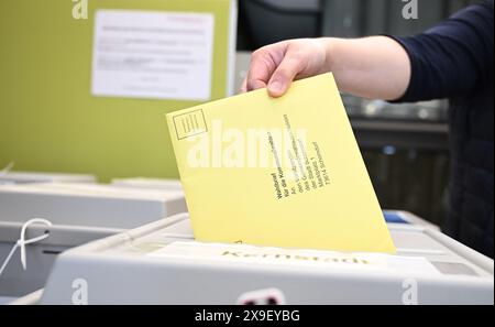 Schorndorf, Deutschland. 31. Mai 2024. Ein Stimmzettel mit Stimmzettel für die Kommunalwahl wird in einem Wahlhaus im Rathaus für die Briefwahl in eine Wahlurne gestellt. Quelle: Bernd Weißbrod/dpa/Alamy Live News Stockfoto