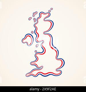 Umrisskarte des Vereinigten Königreichs, gekennzeichnet mit Farbband von der Flagge. Stock Vektor