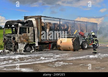 ***BILDER- & INFOUPDATE PRESSEMITTEILUNG*** LKW mit Papierrollen brennt auf der A81 in voller Ausdehnung - Mehrstündige Vollsperrung führt zu Verkehrschaos 22.05.2024: Pressemitteilungen des Polizeipräsidiums Ludwigsburg: Polizeipräsidium Ludwigsburg POL-LB: BAB 81/Pleidelsheim: Fahrstreifen der Autobahn nach Fahrzeugbrand wieder frei gegeben Ludwigsburg ots Nachdem es am Mittwoch 22.05.2024 kurz vor 13,00 Uhr im Bereich der Anschlussstelle Pleidelsheim zu einem LKW-Brand gekommen ist siehe Erstmeldung: https://www.presseportal.de/blaulicht/pm/110974/5784839, konnte gegen 15,50 Uhr der linke F Stockfoto