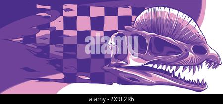 vektordarstellung des dilophosaurus Skull mit Rassenflagge Stock Vektor