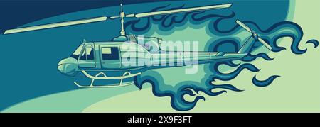 Vektorkampfhubschrauber-Absturz. Flache, farbenfrohe Cartoon-Illustration. Stock Vektor