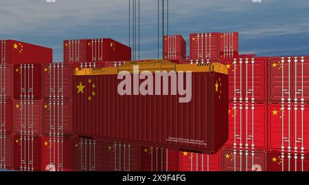 China Export Produktion und Import Container Frachtkran. Geschäftskonzept von Transport, Verladung und Versand mit chinesischer Flagge. Stockfoto