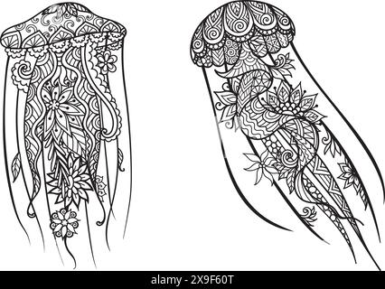 Zwei Mandala Quallen zum Färben von Seiten, Papierschnitt, Laserschneiden und so weiter. Vektorabbildung. Stock Vektor