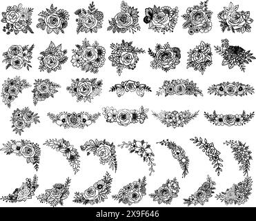 Blumenstrauß Bündel, Blumen Eckdekoration für Hochzeitskarte, T-Shirt Design, Tattoo, und so weiter. Vektorabbildung. Stock Vektor