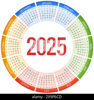 Kalenderkreis, Spirale, Planer für 2025. Vector Schreibwaren Design Print 2025 Vorlage mit Platz für Foto, Ihr Logo und Text. Kalenderdesign 2025 Stock Vektor