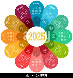 Kalenderkreis, Spirale, Planer für 2025. Vector Schreibwaren Design Print 2025 Vorlage mit Platz für Foto, Ihr Logo und Text. Kalenderdesign 2025 Stock Vektor