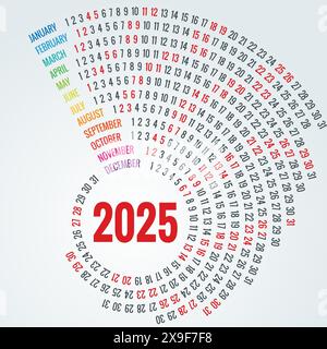 Kalenderkreis, Spirale, Planer für 2025. Vector Schreibwaren Design Print 2025 Vorlage mit Platz für Foto, Ihr Logo und Text. Kalenderdesign 2025 Stock Vektor