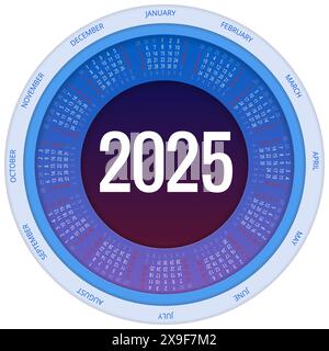 Kalenderkreis, Spirale, Planer für 2025. Vector Schreibwaren Design Print 2025 Vorlage mit Platz für Foto, Ihr Logo und Text. Kalenderdesign 2025 Stock Vektor