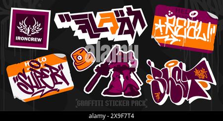 Abstraktes, Farbenfrohes Urban Hip Hop Graffiti Sticker Bombing Mit Einigen Street Art Schriften. Vektorabbildung Stock Vektor