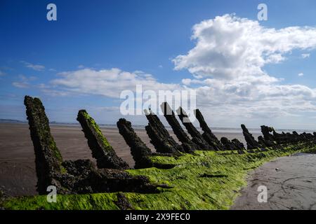 Schiffswrack am Strand von Cefn Sands im Pembrey Country Park in Carmarthenshire, South Wales. Bilddatum: Mittwoch, 29. Mai 2024. Stockfoto