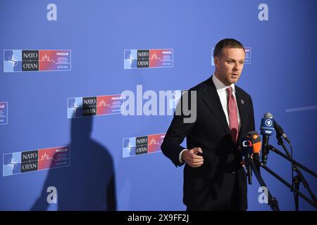 Prag, Tschechische Republik. 31. Mai 2024. Der litauische Außenminister Gabrielius Landsbergis wurde vor Beginn des zweiten Tages des informellen Treffens der Außenminister der NATO gesehen. Die Minister erörtern hauptsächlich die politische Unterstützung für die Waffenbeschränkungen der Ukraine und der Ukraine. (Foto: Tomas Tkacik/SOPA Images/SIPA USA) Credit: SIPA USA/Alamy Live News Stockfoto