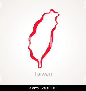 Umrisskarte von Taiwan mit roter Linie markiert. Stock Vektor