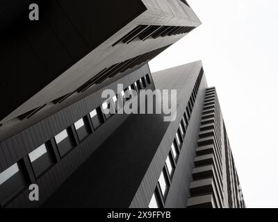 Ein dramatischer, flacher Blick auf moderne Hochhäuser unter einem bewölkten Himmel mit elegantem architektonischem Design und urbaner Skyline. Stockfoto