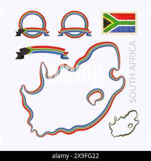 Umrisskarte von Südafrika. Der Rand ist mit einem Farbband in nationalen Farben gekennzeichnet. Das Paket enthält Rahmen in nationalen Farben und Stempel mit Flagge. Stock Vektor