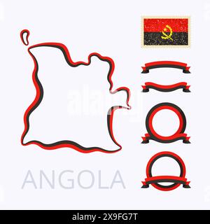Umrisskarte von Angola. Der Rand ist mit einem Farbband in nationalen Farben gekennzeichnet. Das Paket enthält Rahmen in nationalen Farben und Stempel mit Flagge. Stock Vektor