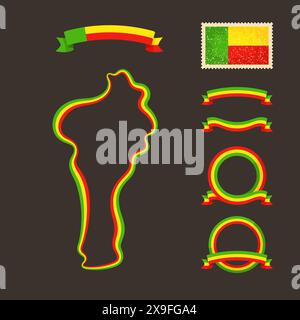 Umrisskarte von Benin. Der Rand ist mit einem Farbband in nationalen Farben gekennzeichnet. Das Paket enthält Rahmen in nationalen Farben und Stempel mit Flagge. Stock Vektor