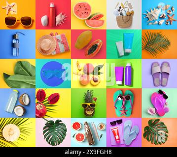 Bunte Collage mit Strandaccessoires und anderen Sommersachen Stockfoto