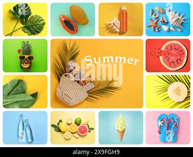 Bunte Collage mit Strandaccessoires und anderen Sommersachen Stockfoto