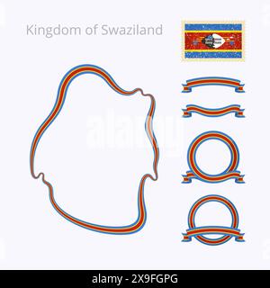 Umrisskarte von Swasiland. Der Rand ist mit einem Farbband in nationalen Farben gekennzeichnet. Das Paket enthält Rahmen in nationalen Farben und Stempel mit Flagge. Stock Vektor