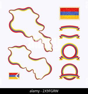 Umrisskarte von Armenien. Der Rand ist mit einem Farbband in nationalen Farben gekennzeichnet. Das Paket enthält Rahmen in nationalen Farben und Stempel mit Flagge. Stock Vektor