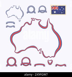 Umrisskarte von Australien. Der Rand ist mit einem Farbband in den nationalen Farben gekennzeichnet. Das Paket enthält einen Stempel mit Flag und Rahmen. Die Datei wird erstellt Stock Vektor